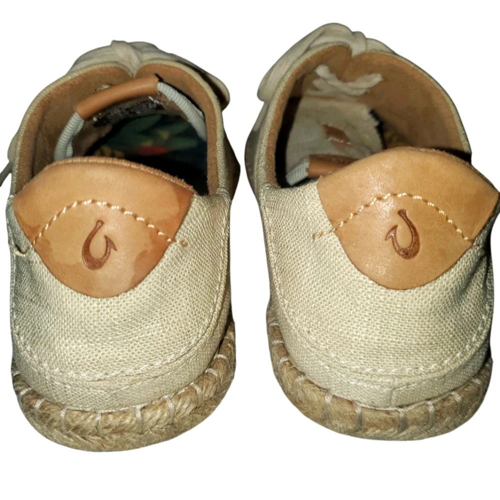 OLUKAI Kaula Pa'a Li Cream Linen LaceUp Boho Minimalist‎ Espadrille Flats Size 7